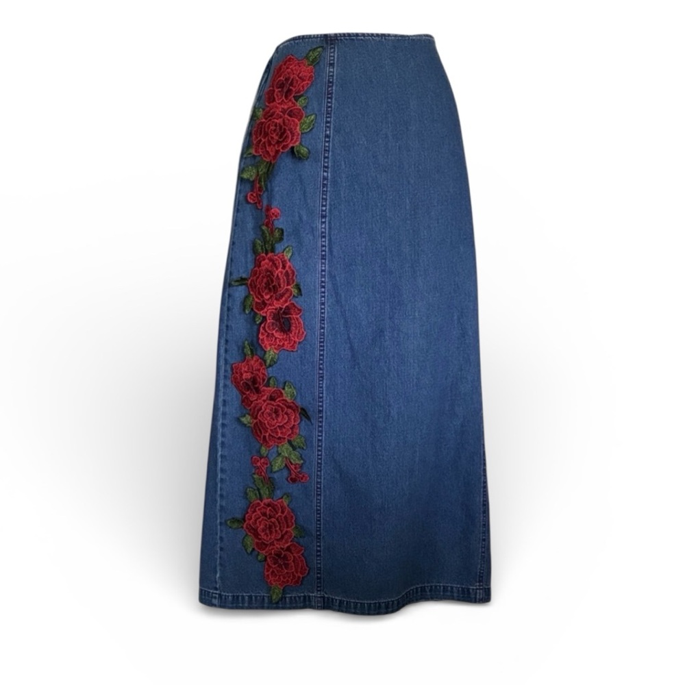TY Original Wear Denim Skirt & Red Roses, red topstitch, back zip & slit. 16